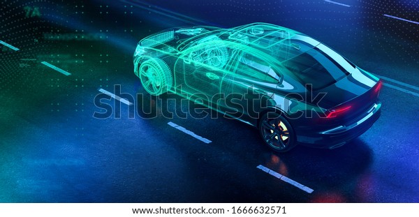Modern car technology concept with\
wireframe intersection (3D\
illustration)