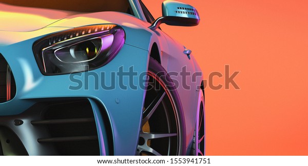 Modern cars are in the studio room. 3d\
render and\
illustration.
