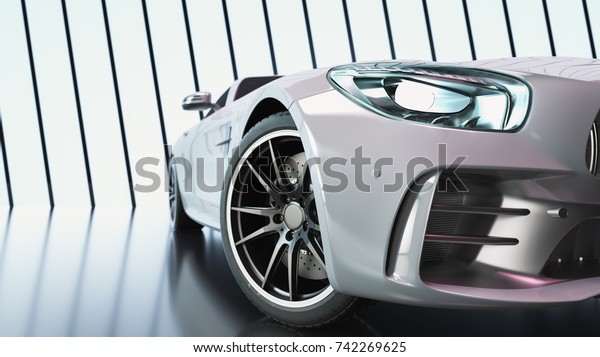 Modern cars\
are in the studio room. 3d illustration\
