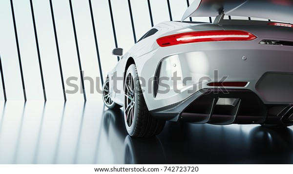 Modern cars are in the studio room. 3d\
illustration and 3d\
render.