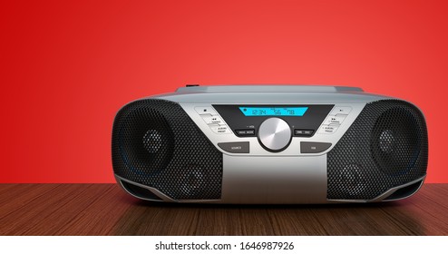 Modern CD Boombox On Wooden Background. 3D Rendering