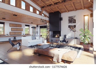 Modern Chalet Interior. 3d Rendering Design Concept