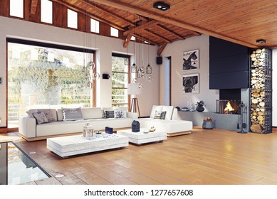 Modern Chalet Interior Design. 3d Rendering