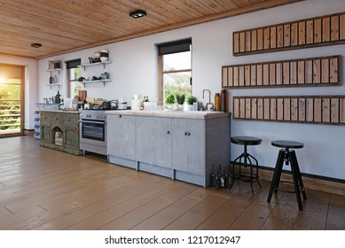 modern chalet kitchen interior. 3d design rendering concept - Shutterstock ID 1217012947