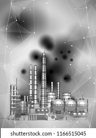 Modern Chemical Manufacturing Plant On A Gray Technological Background With A Stylized Digital Wave - The Concept Of Modern Technology, The New Industrial Revolution & Information Technology