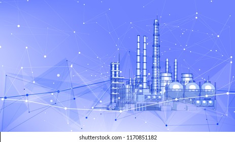 Modern Chemical Manufacturing Plant On A Blue Technological Background With A Stylized Digital Wave - The Concept Of Modern Technology, The New Industrial Revolution & Information Technology