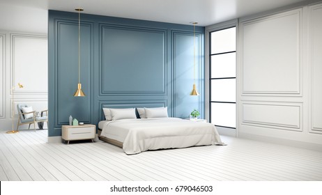 Modern Chic  Interior Of Bedroom ,white Bed With Gold Lamp On White Flooring And Blue Wall  ,3d Rendering