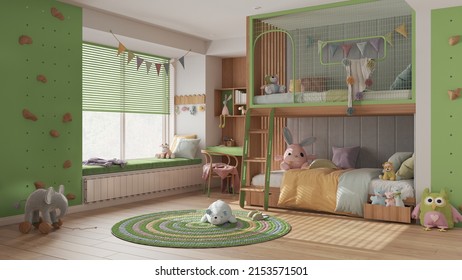 Modern Children Bedroom With Bunk Bed In Green Pastel Tones, Parquet Floor, Big Window With Bench And Blinds, Desk, Carpet With Toys, Beds With Pillows And Duvet. Interior Design, 3d Illustration