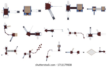 Modern Children's Game Complex On A White Background. View From Above. Set Of Pictures. 3D Rendering.