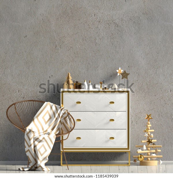 Modern Christmas Interior Dresser Scandinavian Style Stock