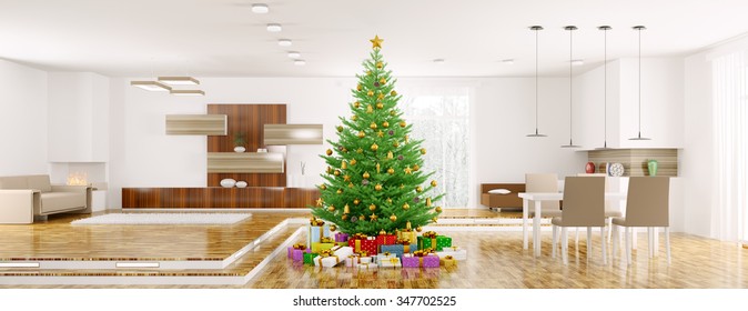 Modern christmas interior with fir tree panorama 3d rendering