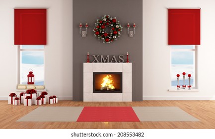 Modern Christmas Living Room With Fireplace And Decoration