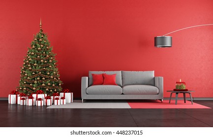 Modern Christmas Living Room With Sofa,tree And Present - 3d Rendering