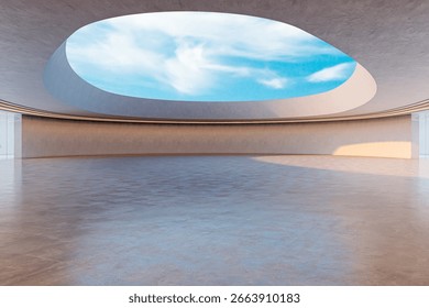 Modern circular structure with open skylight, clean smooth floor, minimalistic design, blue sky background, concept of futuristic architecture. 3D Rendering.
