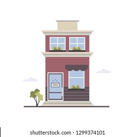 Modern City Building With Two Floors, Large Windows With Plants Growing Outside And Glass Door With Open Sign Board. Small Convenience Store Or Local Shop. Bright Colored Flat Illustration.