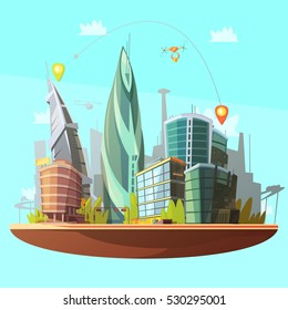 Modern city downtown buildings distinctive skyline and services concept with drone parcels delivery poster cartoon  illustration 