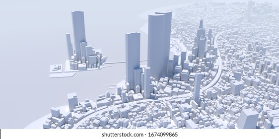 
Modern City Facing The Sea On White Background. 3d Rendering.