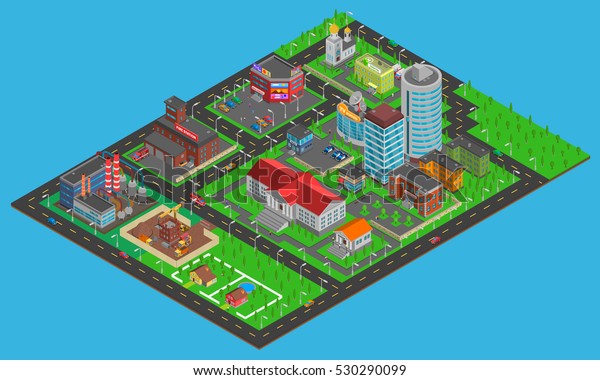 Modern\
city  isometric map with transport infrastructure industrial and\
residential areas on blue background \
illustration