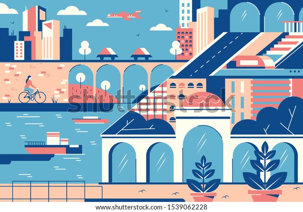 Modern city landscape\
of river port and bridge on blue background. Concept urban activity\
with woman driving bicycle, ship transports by water and flying\
airplane.\
illustration.