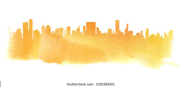 Modern cityscape yellow water color drawing. Metropolis architecture panoramic landscape. New York skyscrapers hand drawn orange watercolor silhouette. Apartment buildings double exposure illustration