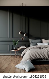 Modern Classic Bedroom Interior Design With Dark Green Classic Wall Panel And Wooden Floor, 3d Rendering Mock Up Room Interior Bedroom For Hotel, Apartment, Condominium, House Or Villa.