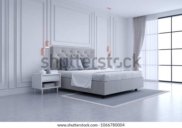 Modern Classic Bedroom Interior Design White Stock