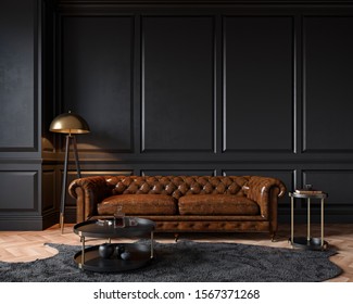 Modern classic black interior with capitone brown leather chester sofa,  floor lamp, coffee table, carpet, wood floor, mouldings. 3d render interior mock up. - Shutterstock ID 1567371268