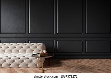Modern classic black interior with capitone chester sofa, coffee table, wood floor, mouldings. 3d render interior mock up.