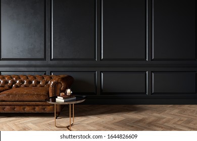 Modern classic black interior with capitone chester leather brown sofa, coffee table, wood floor, mouldings. 3d render interior mock up.