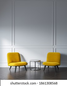 Modern classic black interior with two yellow sofas and small coffee table over white wall and dark wood parquet. 3d render illustration.