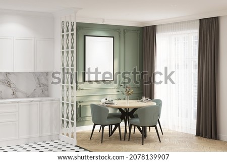 Modern classic dining room with a blank vertical poster on the green classic wall, round table with chairs near a large window with curtains, white kitchen with classic decorative partition. 3d render Imagine de stoc © 