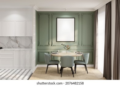 Modern Classic Kitchen And Dining Room Interior With The Illuminated Blank Vertical Poster Above The Wooden Round Dining Table, A Green Wall With Classic Moldings, White Kitchen Cabinets. 3d Render