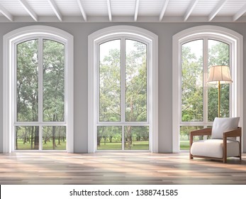 Modern classic living room with nature view 3d render.The Rooms have wooden floors and white wood ceilings.Decorated with white fabric chair,There are arch shape window sunlight shining into the room.