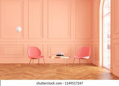 Modern  classic peach color interior with lounge armchairs, coffee table and floor lamp. 3d render illustration mock up.