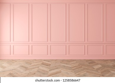 Modern classic pink, rose quartz, pastel, empty interior with wall panels and wooden floor. 3d render illustration mockup.