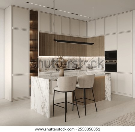 Modern classic visualization side view  kitchen-living room in beige tones. Kitchen set with frames and flush glass, kitchen island with bar stools, black pendant lamp, marble stairs in the background