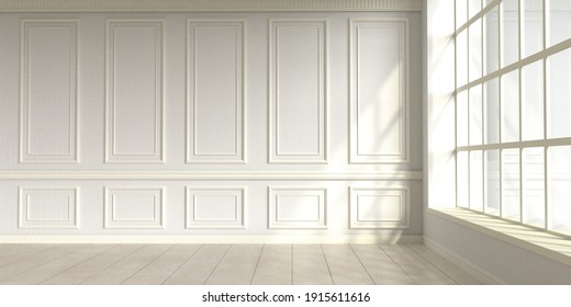 Modern Classic White Empty Interior With Wall Panels And Wooden Floor. 3d Render Illustration Mock Up.