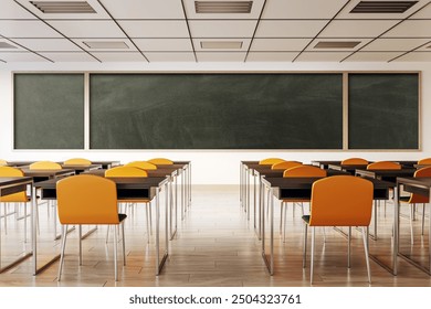 Modern classroom interior with empty desks and large blackboard on the wall, featuring yellow chairs and wooden floors. 3D Rendering