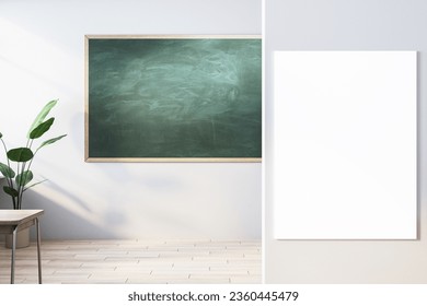 Modern classroom interior with empty mock up chalkboard and poster, wooden furniture, daylight and equipment. Education, knowledge and workspace concept. 3D Rendering
