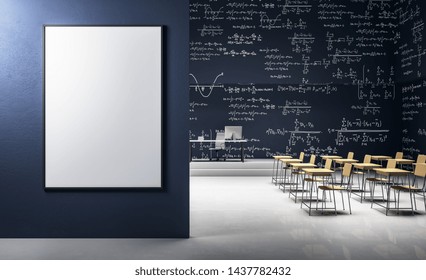 Modern Classroom Interior With Empty Poster On Wall, Furniture And Mathematical Formulas On Wall. Math And Complex Algorithm Concept. Mock Up,  3D Rendering 