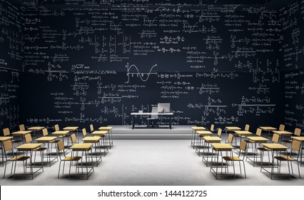 Modern classroom interior with furniture and mathematical formulas on wall. Math and complex algorithm concept. 3D Rendering 