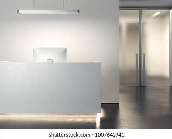 Modern Clean Office Reception With Computer. 3d Rendering