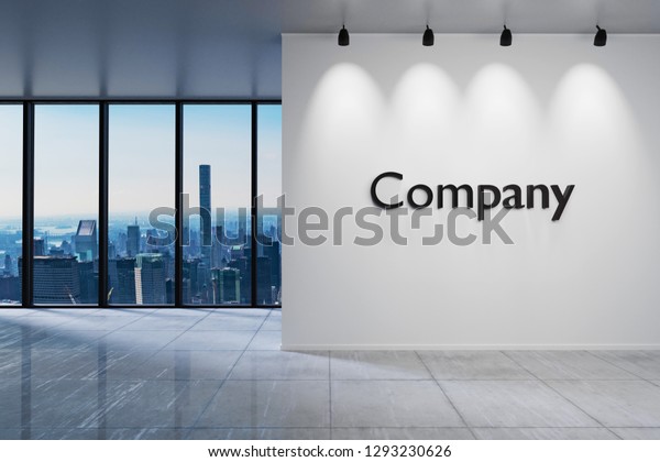 現代のクリーンなオフィス待ち受けエリアの天窓 会社の文字の付いた壁 3dイラスト のイラスト素材