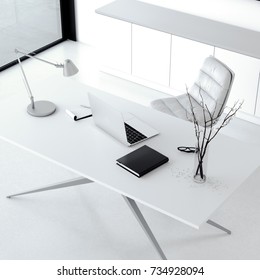 Modern clean office workplace with table and laptop. 3d rendering