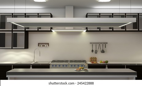 Modern Clean White Kitchen With Center Nook. 3D Rendering. 