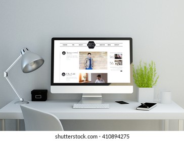 Modern Clean Workspace Mockup With Fashion Celebrity Website On Screen. 3D Illustration. All Screen Graphics Are Made Up. 