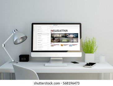 Modern Clean Workspace Mockup With Newsletter On Screen. 3D Illustration. All Screen Graphics Are Made Up.