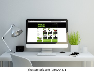 Modern Clean Workspace Mockup With Online Shop  Website On Screen. 3D Illustration. All Screen Graphics Are Made Up.