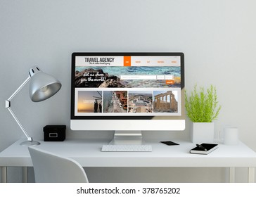 Modern Clean Workspace Mockup With Travel Agency Website On Screen. 3D Illustration. All Screen Graphics Are Made Up.