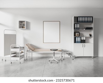 Modern clinic room interior bed with cabinet and partition, stool on wheels. Shelf with documents on hardwood floor. Doctor's workplace. Mock up canvas poster. 3D rendering - Powered by Shutterstock